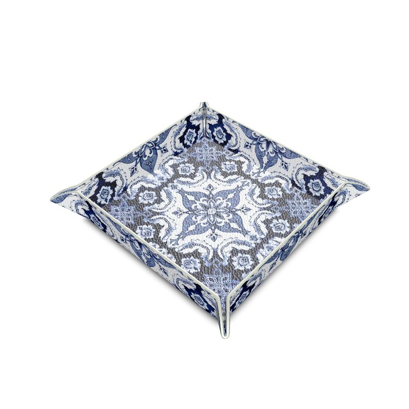 Textured Nappa Leather Trinket Tray Featuring Blue and White Portuguese Alfama Tile Design