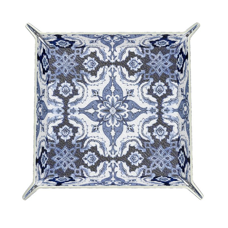 Textured Nappa Leather Trinket Tray Featuring Blue and White Portuguese Alfama Tile Design