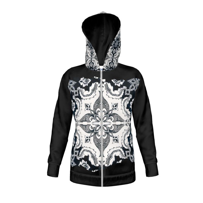 Zippered Premium Unisex Polar Fleece Hoodie - Portuguese 'Alfama' Esquina Tile Design on Exterior Hood and Front (4 Colors)