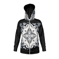 Thumbnail for Zippered Premium Unisex Polar Fleece Hoodie - Portuguese 'Alfama' Esquina Tile Design on Exterior Hood and Front (4 Colors)