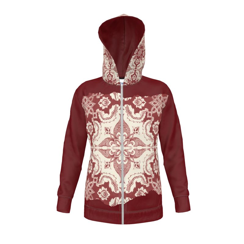 Zippered Premium Unisex Polar Fleece Hoodie - Portuguese 'Alfama' Esquina Tile Design on Exterior Hood and Front (4 Colors)