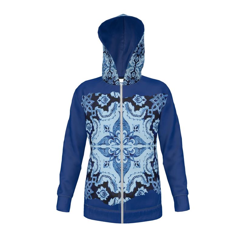 Zippered Premium Unisex Polar Fleece Hoodie - Portuguese 'Alfama' Esquina Tile Design on Exterior Hood and Front (4 Colors)