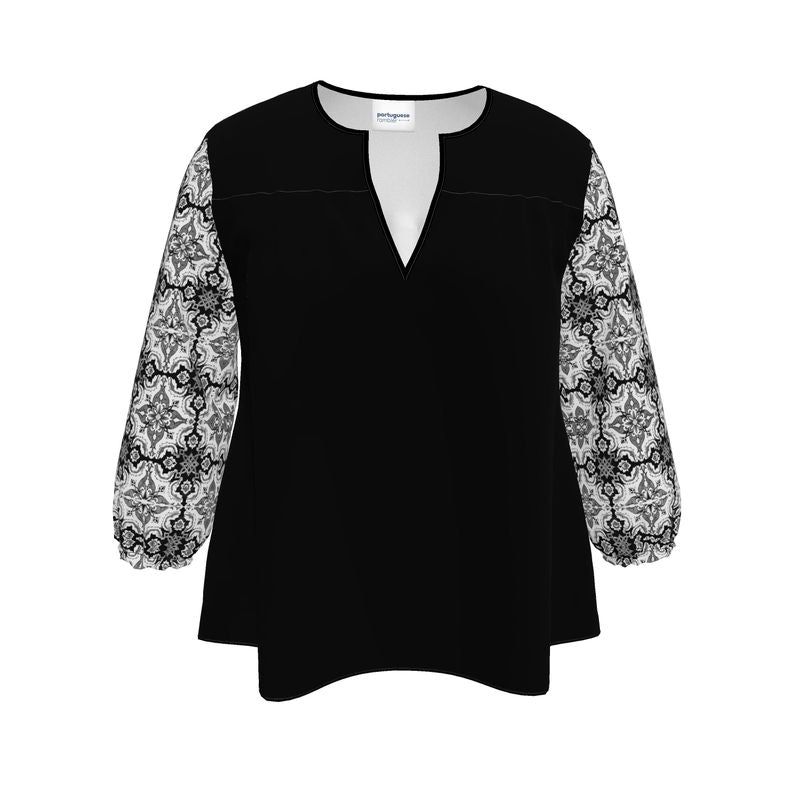 Women's V-Neck Blouse /  Black / Alfama Black and White Sleeve Top