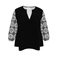 Thumbnail for Women's V-Neck Blouse /  Black / Alfama Black and White Sleeve Top