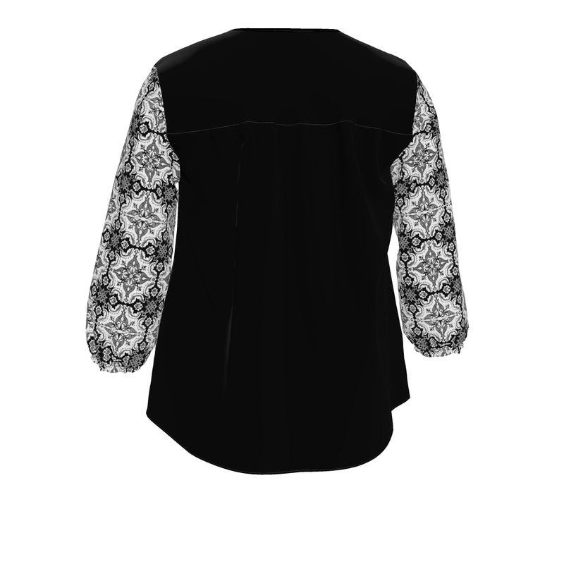 Women's V-Neck Blouse /  Black / Alfama Black and White Sleeve Top