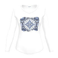 Thumbnail for Women's Slim-Fit V-Neck White Long-Sleeve T-Shirt with Portuguese Alfama Tile - Multiple Colours