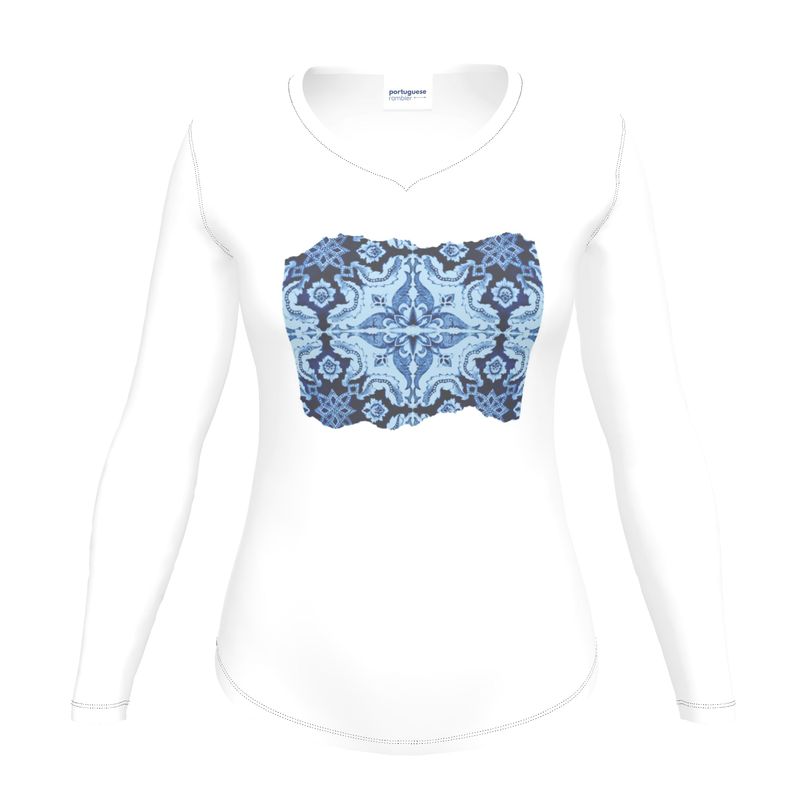 Women's Slim-Fit V-Neck White Long-Sleeve T-Shirt with Portuguese Alfama Tile - Multiple Colours