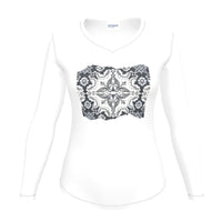 Thumbnail for Women's Slim-Fit V-Neck White Long-Sleeve T-Shirt with Portuguese Alfama Tile - Multiple Colours