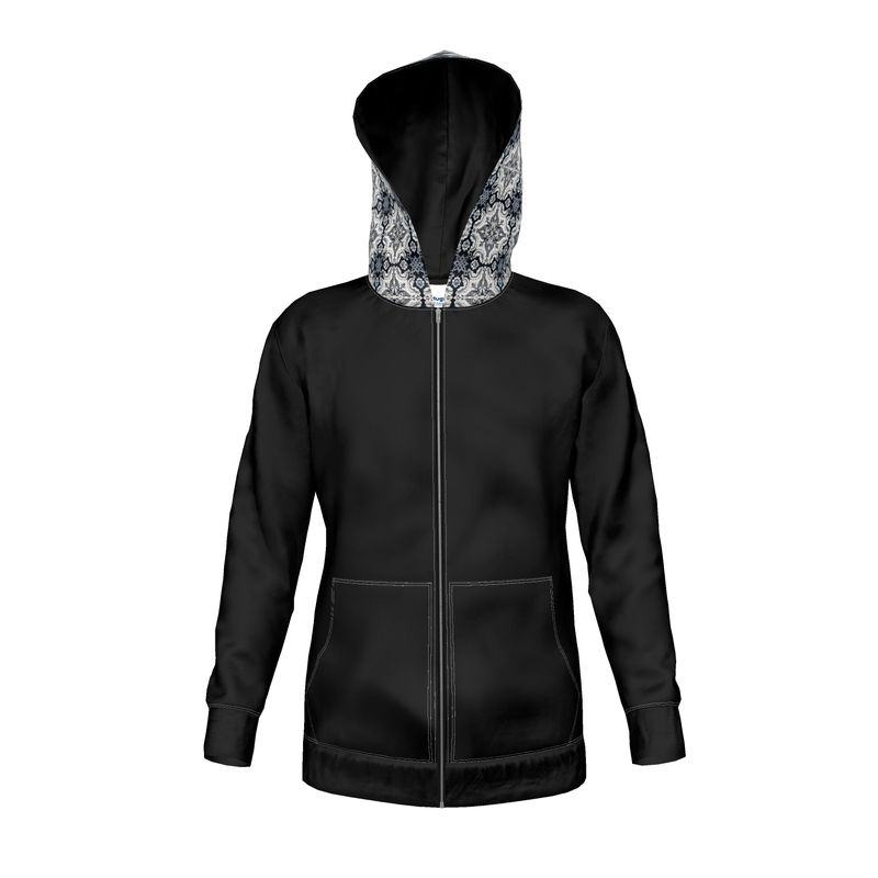 Unisex Zip Lux Fleece Hoodie - Antique Black with 'Alfama' Lisbon Tiled Outer Hood