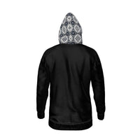 Thumbnail for Unisex Zip Lux Fleece Hoodie - Antique Black with 'Alfama' Lisbon Tiled Outer Hood