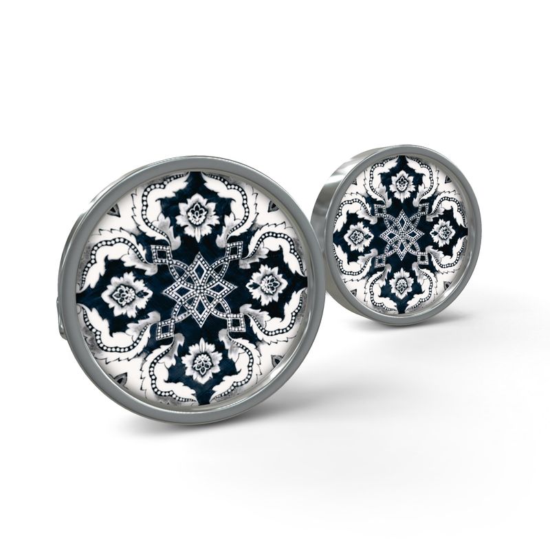 Cufflinks - Portuguese Alfama Azulejo Centro Tiles Round Cufflinks in 2 Colors