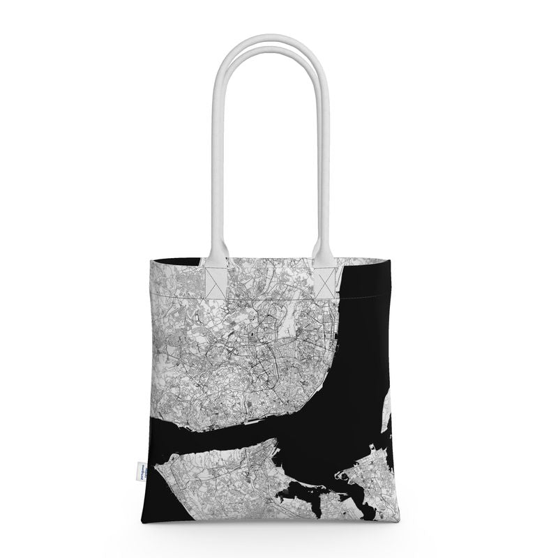 Neoprene Lisbon City Map Tote Bag in Black and White Long Webbed Strap