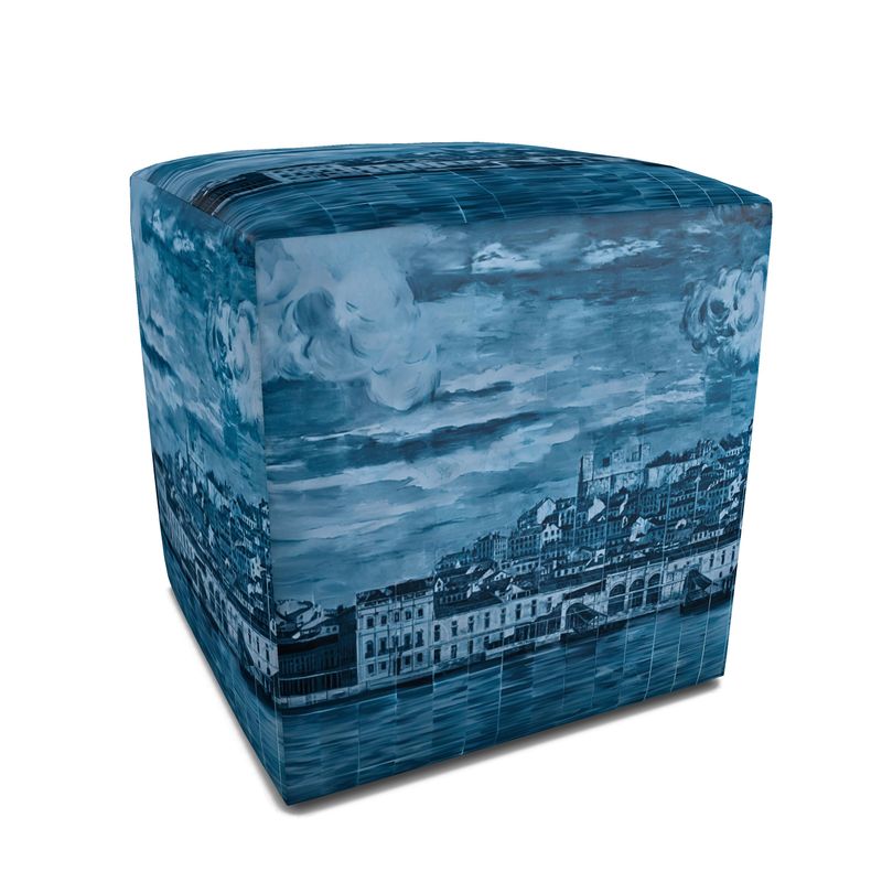 Lisbon Mural Square Pouffe in Hazy Blue