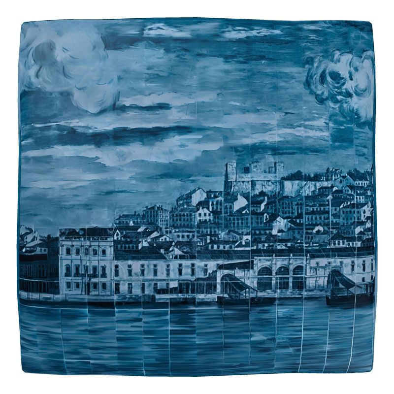 Lisbon Mural Square Pouffe in Hazy Blue