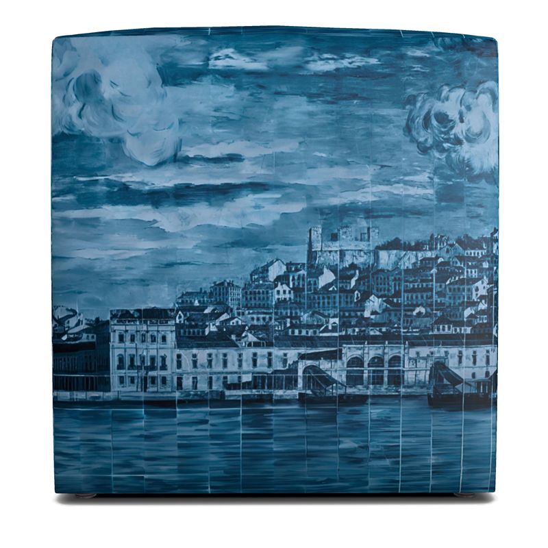 Lisbon Mural Square Pouffe in Hazy Blue