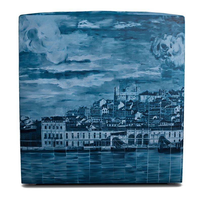 Lisbon Mural Square Pouffe in Hazy Blue