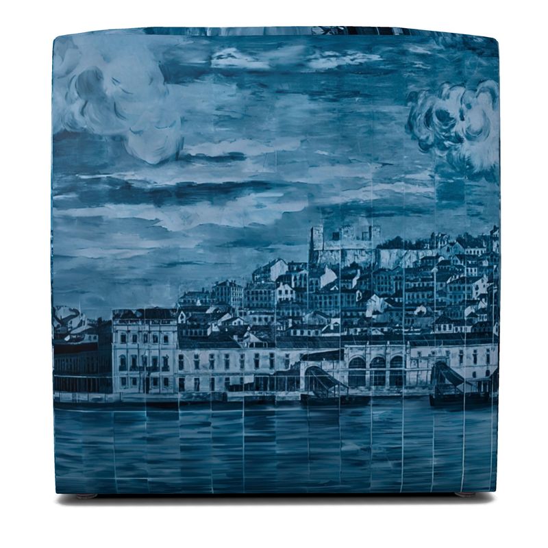 Lisbon Mural Square Pouffe in Hazy Blue