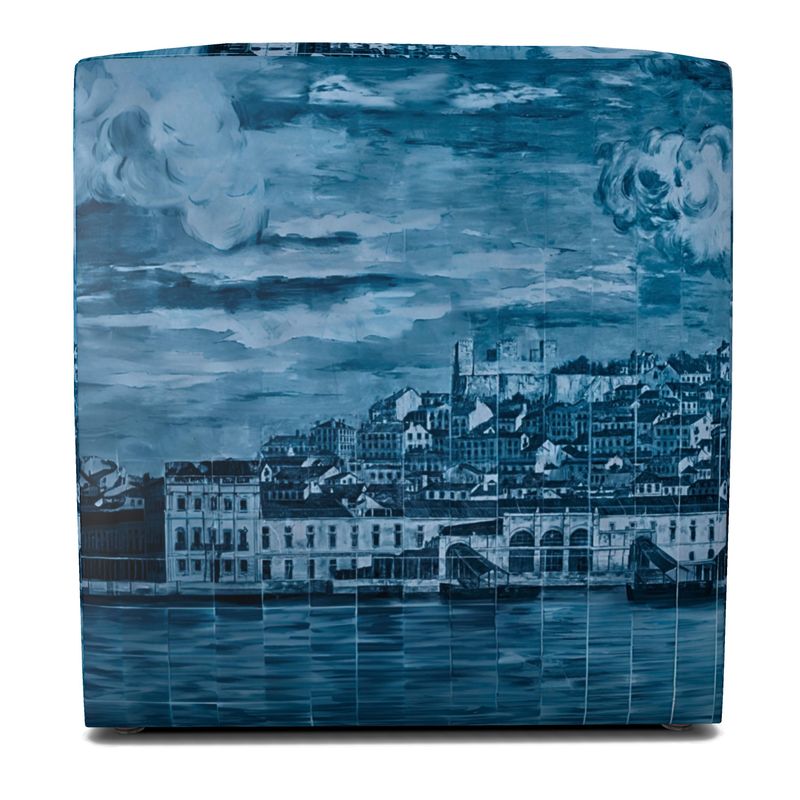 Lisbon Mural Square Pouffe in Hazy Blue