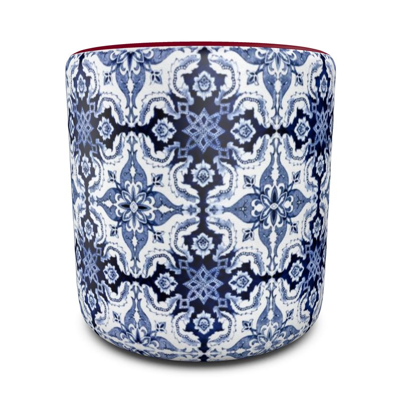 Burgundy Top Portuguese Alfama Tile Round Pouffe in Traditional Blue and White