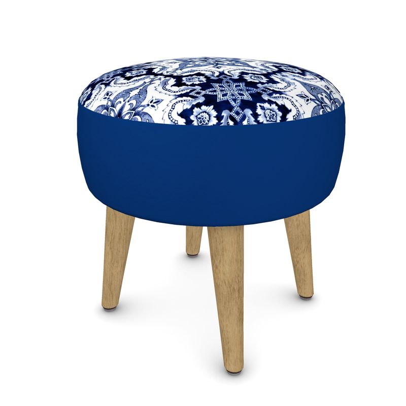 Round Footstool Portuguese Alfama Tile Blue and White / Blonde Natural Legs