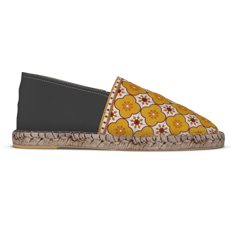 Espadrilles Portuguese Yellow Floral Tile with Black Heel