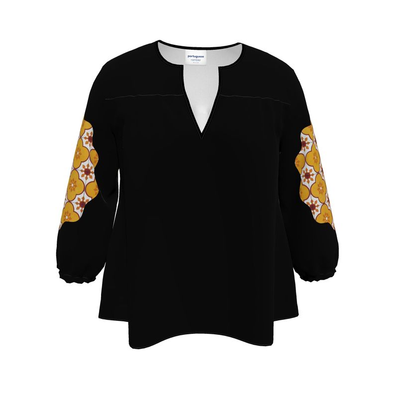 V-Neck Blouse Black with Yellow Portuguese Floral Tile