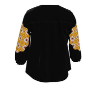 Thumbnail for V-Neck Blouse Black with Yellow Portuguese Floral Tile