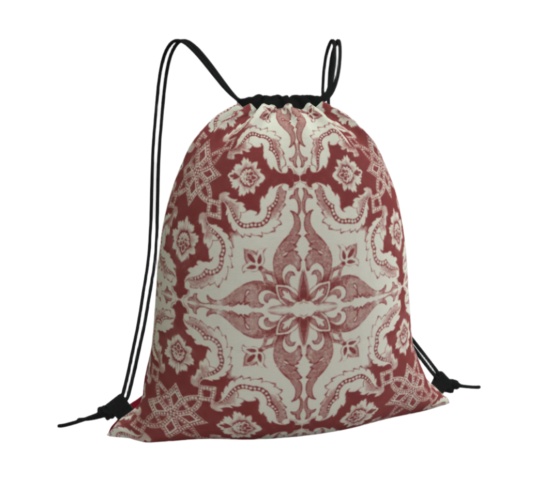 Portuguese 'Alfama' Esquina Tile Drawstring Bag in Antique Red - Adjustable Straps with Key Ring