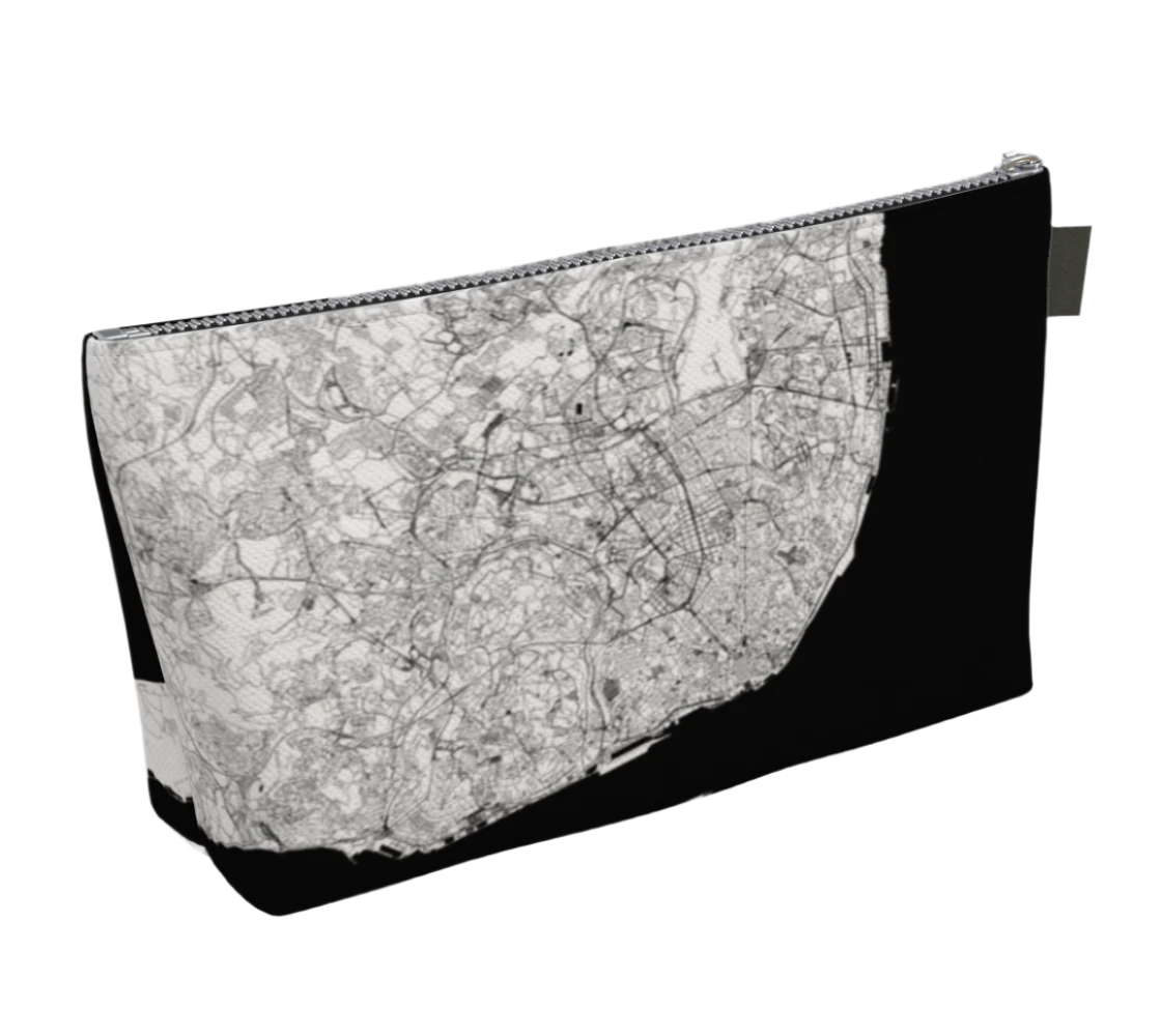 Canvas Makeup Accessory Bag - Lisbon City Map With a black pull and zipper'