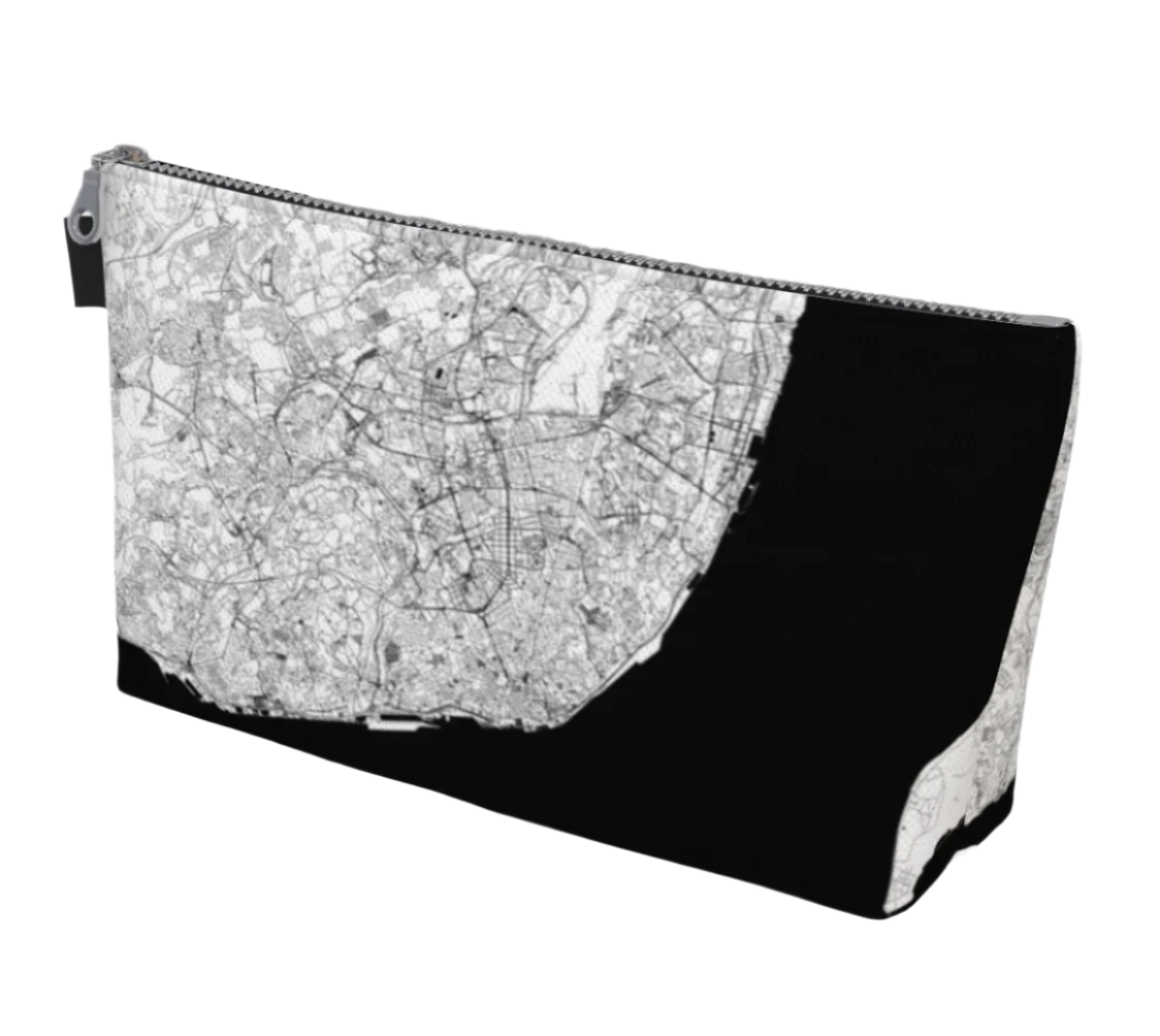 Canvas Makeup Accessory Bag - Lisbon City Map With a black pull and zipper'