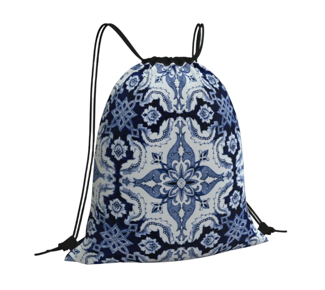 Portuguese 'Alfama' Esquina Tile Drawstring Bag in Traditional Blue and White - Adjustable Straps with Key Ring