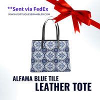 Thumbnail for Textured Leather Tote - Alfama Tile Grid in Blue and White (Large and Small Sizes)