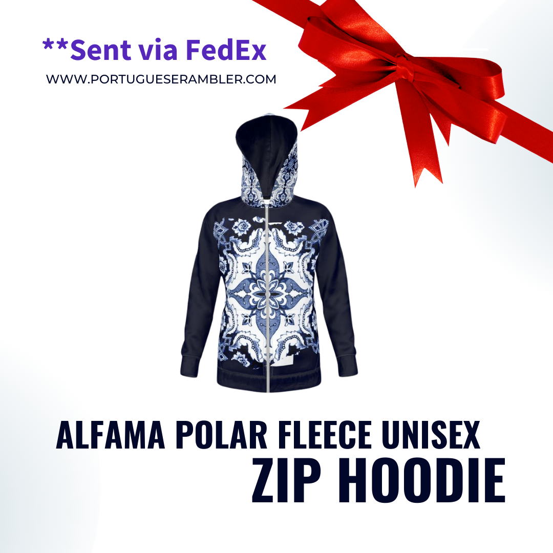 Zippered Premium Unisex Polar Fleece Hoodie - Portuguese 'Alfama' Esquina Tile Design on Exterior Hood and Front (4 Colors)