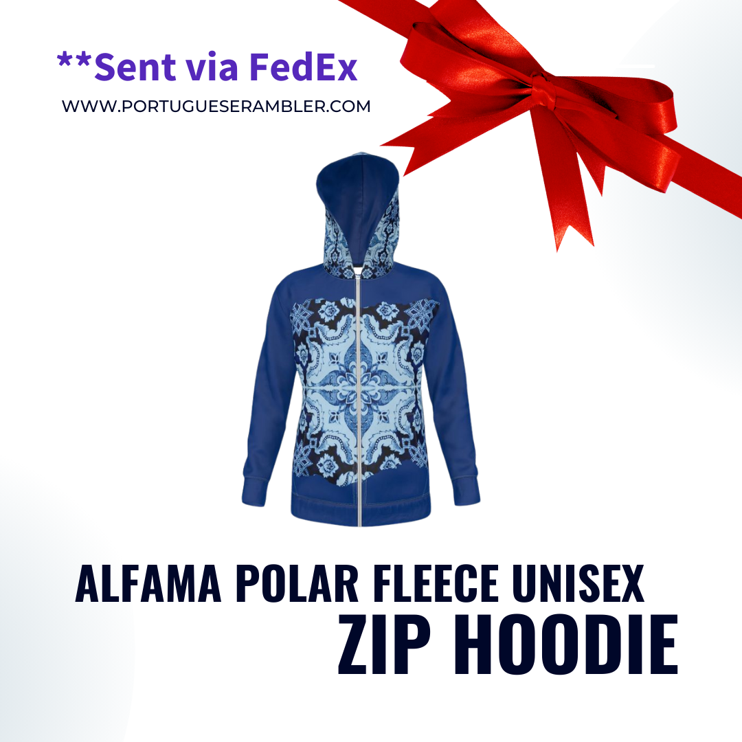 Zippered Premium Unisex Polar Fleece Hoodie - Portuguese 'Alfama' Esquina Tile Design on Exterior Hood and Front (4 Colors)