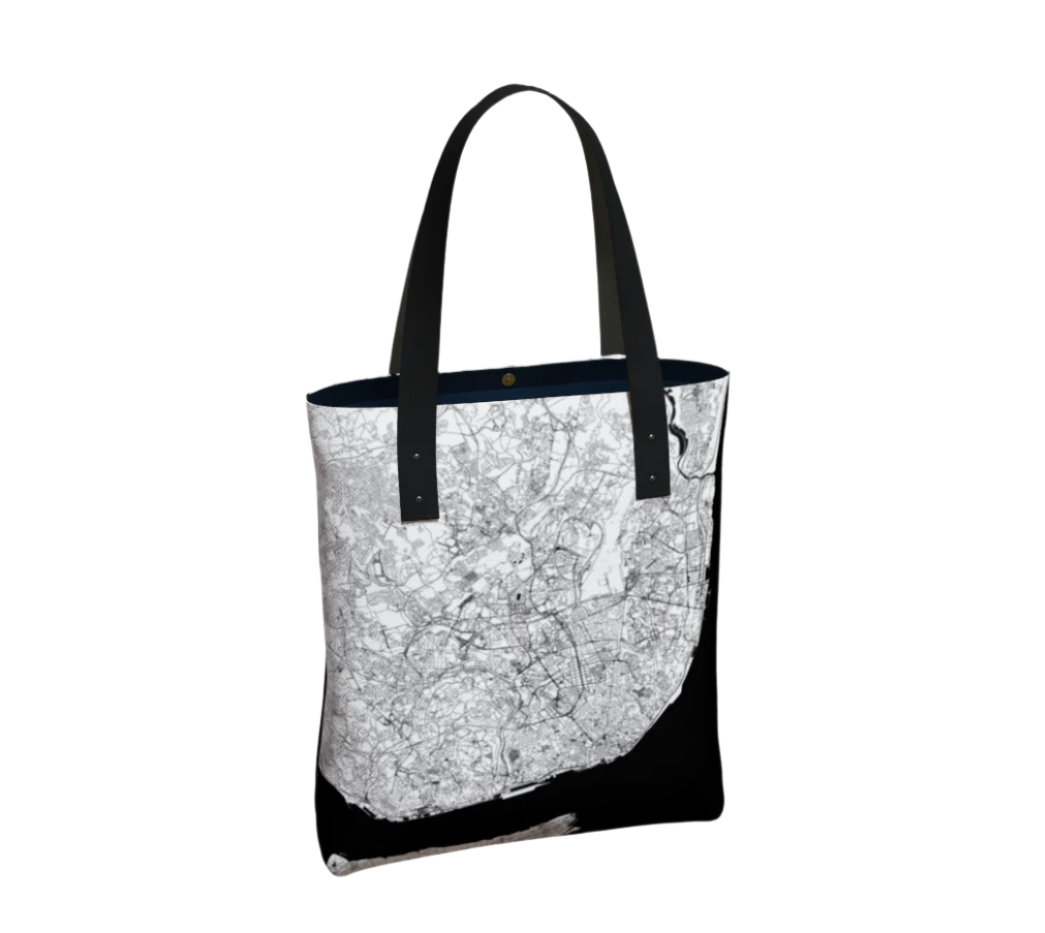 Lisbon City Map Canvas Lined Tote - Black and White with Black Handles