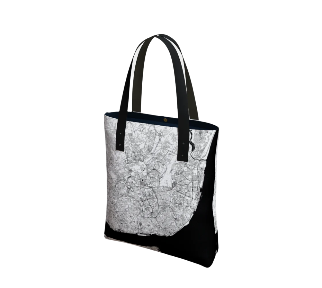 Lisbon City Map Canvas Lined Tote - Black and White with Black Handles