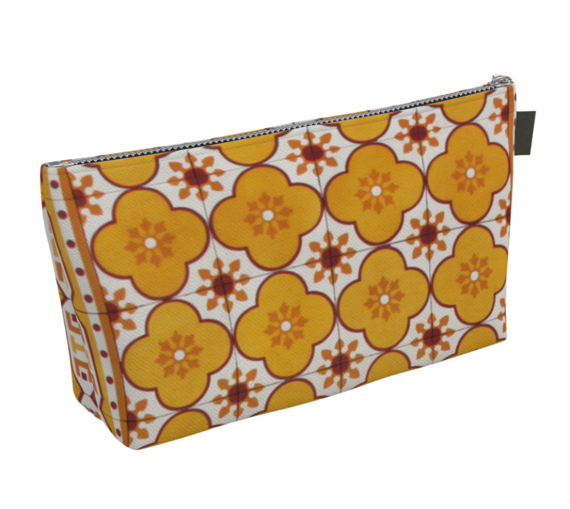 Yellow Tile Flowers Portuguese Tile Canvas Makeup Bag