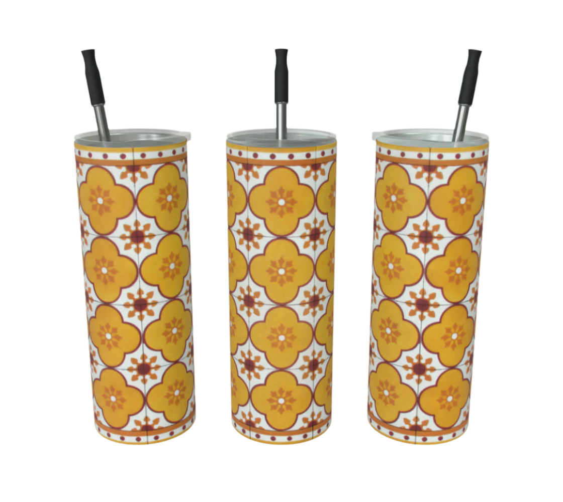 Tumbler: Rustic Portuguese Yellow Flower Tile - Slide Close Top and Straws