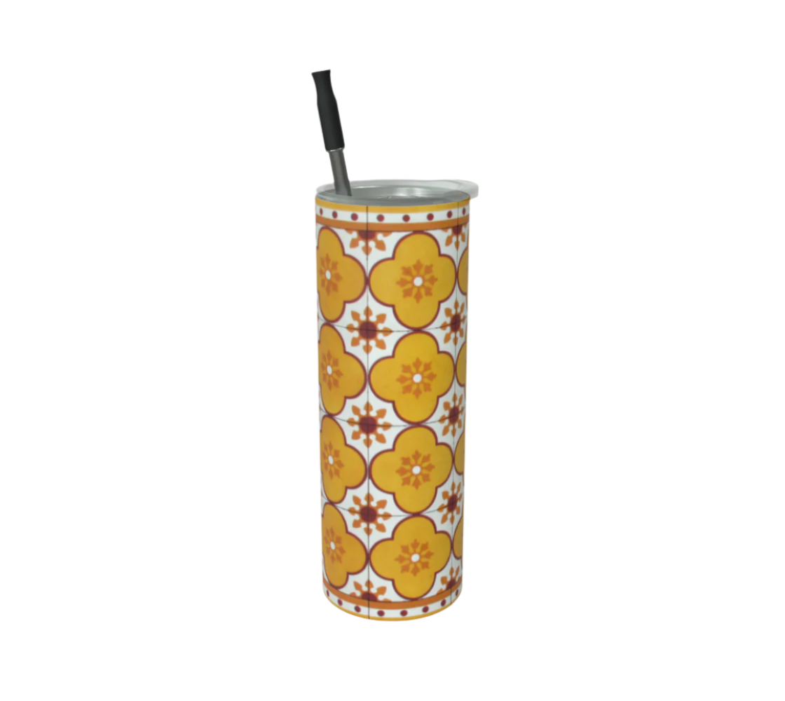 Tumbler: Rustic Portuguese Yellow Flower Tile - Slide Close Top and Straws