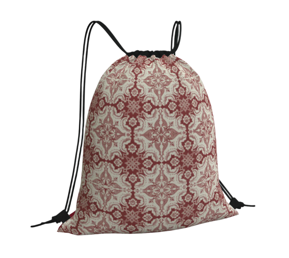 Portuguese 'Alfama' Grid Tile Drawstring Bag in Antique Red - Adjustable Straps with Key Ring